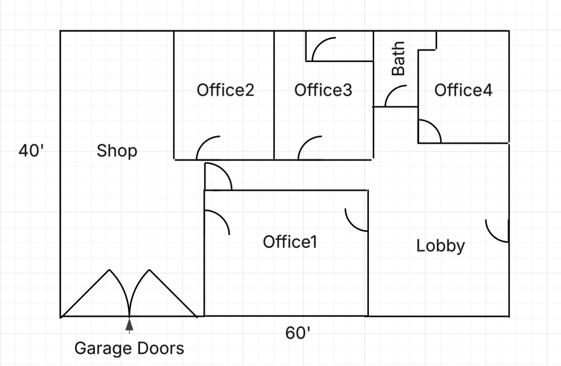 Floor plan of 5120 N Prince #1 — 2,400 sq ft office, lobby, workshop, and restroom layout in Clovis NM